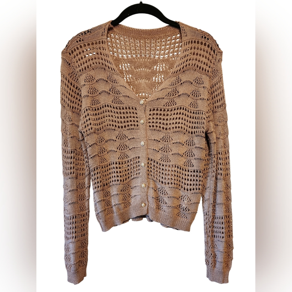 ​Boho Crochet Open Knit Cardigan with Pearl Buttons – Taupe Tan – Size S